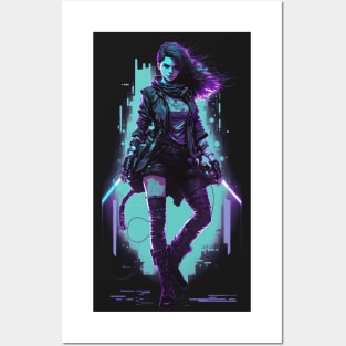 Cyberpunk Girl On Blue Neon Background Posters and Art